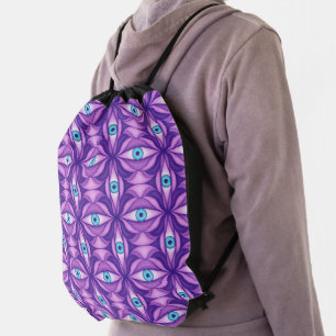 Blue Eyes in Dark Purple Foliage Maximalist Gothic Drawstring Bag