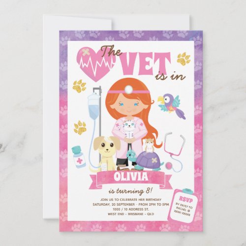 Blue Eyes Red Hair Girl Vet Birthday Party Invitation