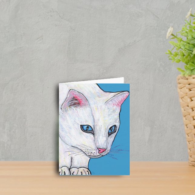 Blue Eyes White Cat Note Card (White cat with vibrant blue eyes on blue notecard.)