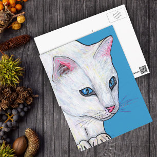 Blue Eyes White Cat Postcard