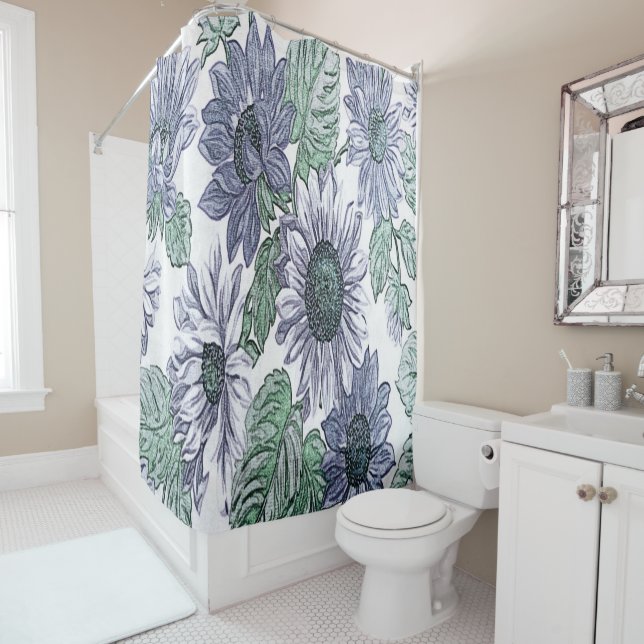 Blue Fabric Flowers Shower Curtain (In Situ)