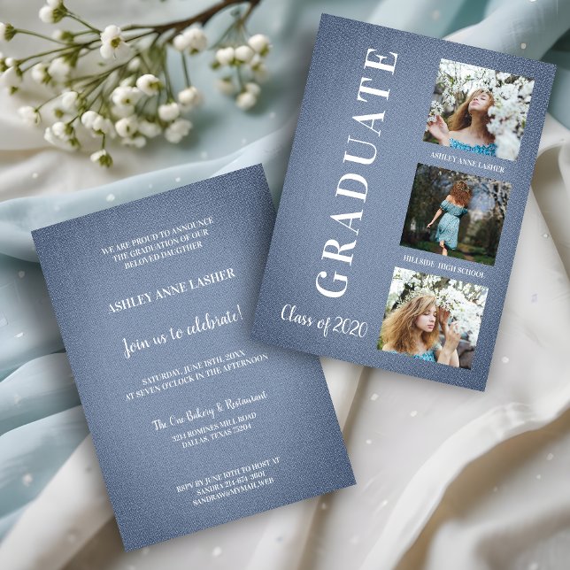 Blue Fabric Graduation Three Photo Session (Blue Modern Three Photos Graduation Card with Fabric Texture.)