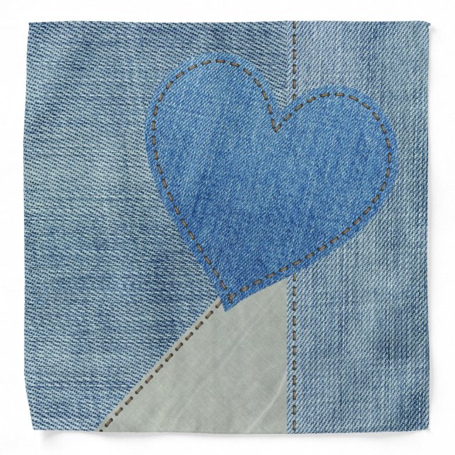 Blue Faded Denim Stitched Heart Collage Bandana (Front)