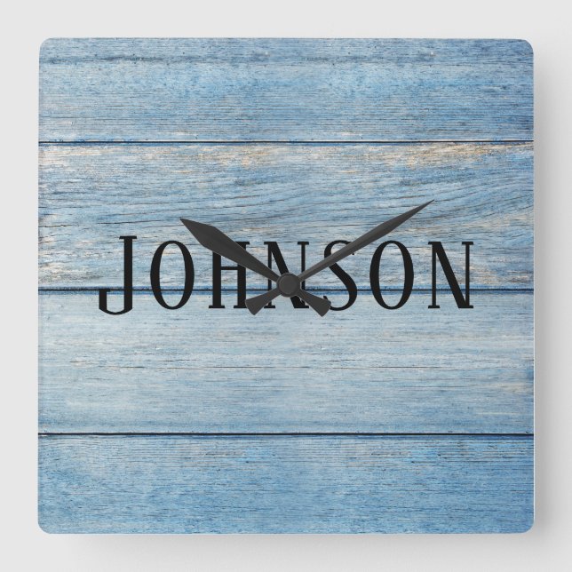 blue faded wood with family name square wall clock (Front)