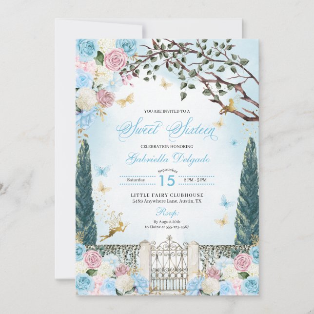 Blue Fairy Enchanted Garden Sweet Sixteen Invitation (Front)