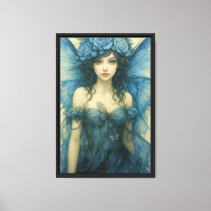 Blue Fairy Girl with Wings and Roses Canvas Art