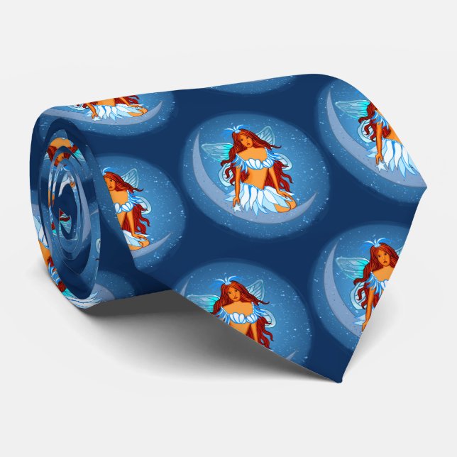 Blue Fairy Night Moon  Neck Tie (Rolled)