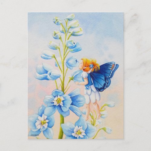 Blue Fairy on Delphinium Flower Watercolor Art Postcard