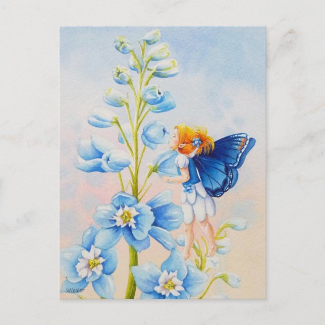 Blue Fairy on Delphinium Flower Watercolor Art Postcard (Front)
