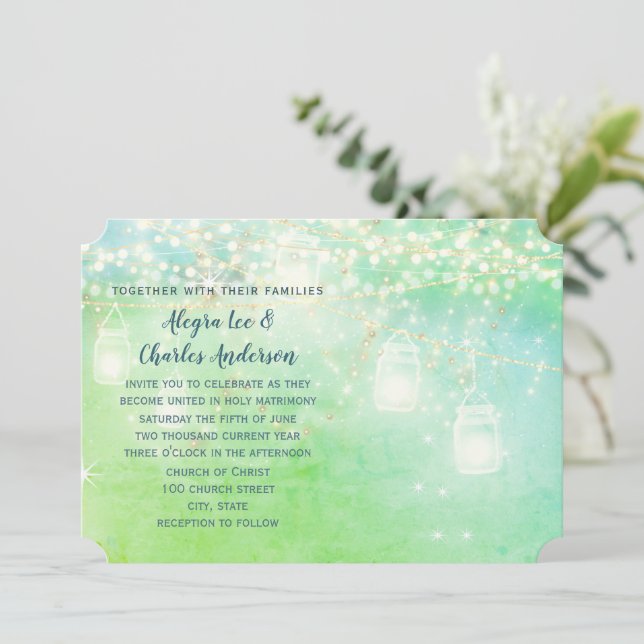 Blue Fairytale Woodsy Farmhouse Mason Jar Wedding Invitation (Standing Front)