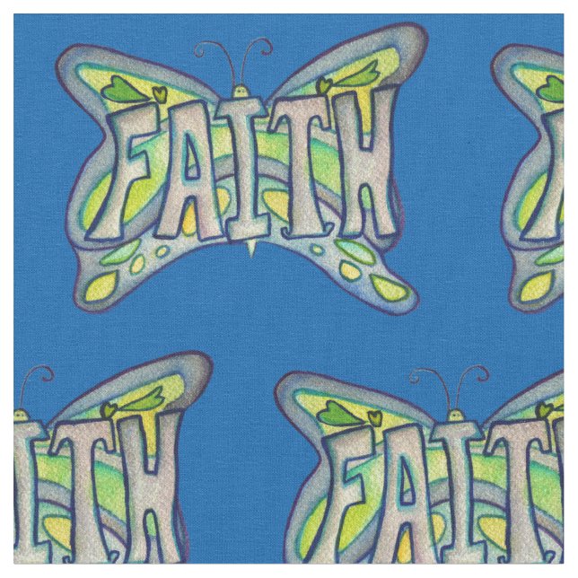 Blue Faith Butterfly Inspirational Fabric Material (Close Up)