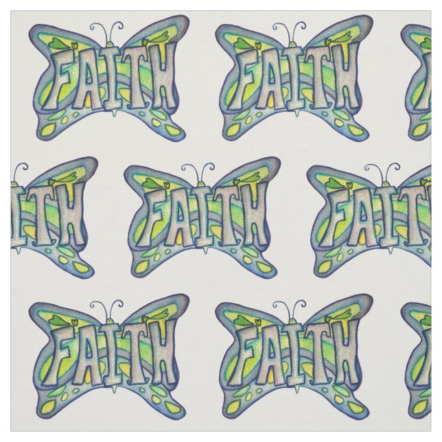 Blue Faith Butterfly Inspirational Fabric Material (Swatch)