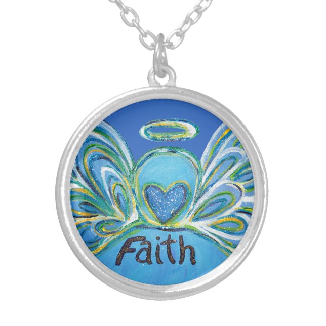 Blue Faith Guardian Angel Words Sterling Necklace (Front)