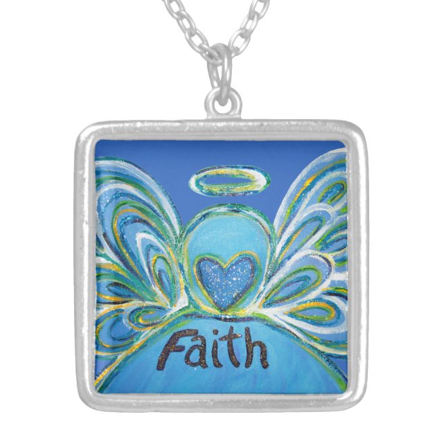 Blue Faith Guardian Angel Words Sterling Necklace (Front)