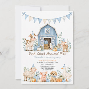 Blue Fall Autumn Farm Animal Birthday Gingham Invitation