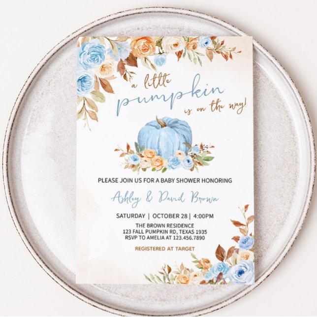 Blue Fall Floral Pumpkin Baby Shower  Invitation (Blue Pumpkin Baby Shower Invitation )
