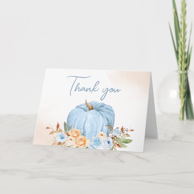 Blue Fall Floral Pumpkin Baby Shower  Thank You Card (Front)
