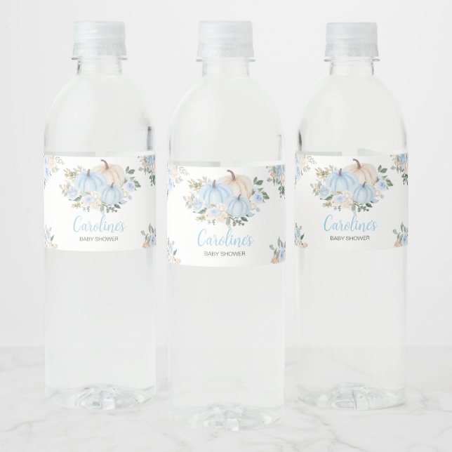 Blue Fall Floral Pumpkin Water Bottle Label (Bottles)
