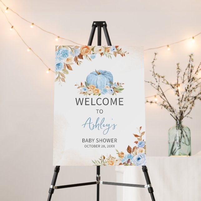 Blue Fall Floral Pumpkin Welcome Sign (In Situ (Stand))