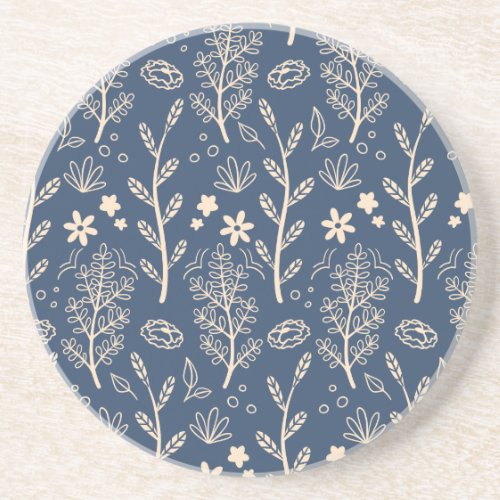 Blue Fall Foliage Botanical Pattern Coaster