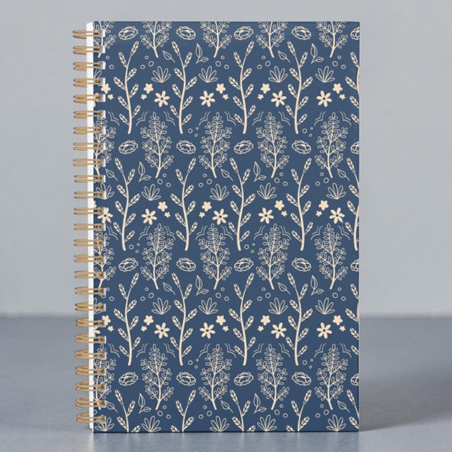 Blue Fall Foliage Botanical Pattern Planner (A navy blue planner notebook in boho botanical sprigs of nature in a light cream.)