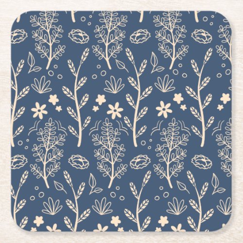Blue Fall Foliage Botanical Pattern Square Paper Coaster