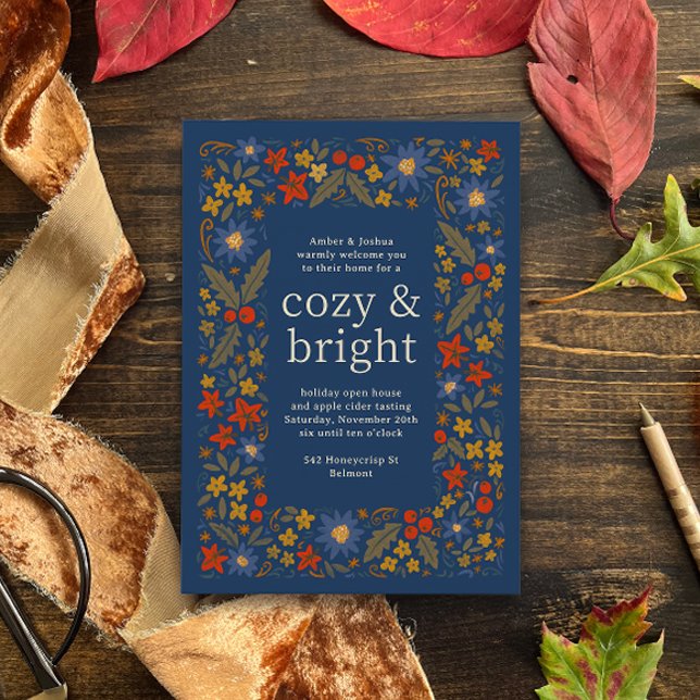 Blue Fall Folksy Floral Frame Autumn Party Invitation (blue, moss green, golden yellow and red-orange folk floral frame autumn fall party invitation)