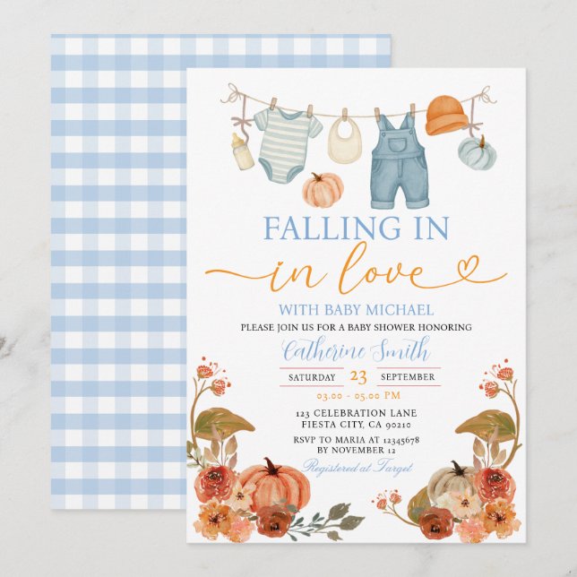 Blue Fall Pumpkin Baby Clothes Baby shower  Invitation (Front/Back)