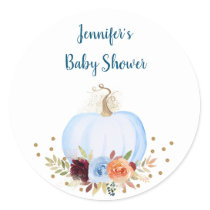 Blue Fall Pumpkin Floral Baby Shower Classic Round Sticker