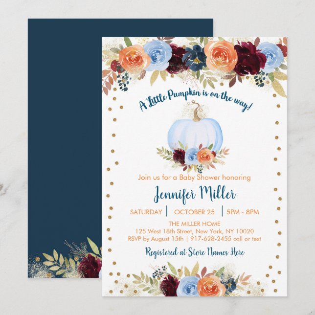 Blue Fall Pumpkin Floral Baby Shower Invitation (Front/Back)