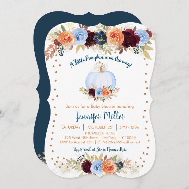 Blue Fall Pumpkin Floral Baby Shower Invitation (Front/Back)