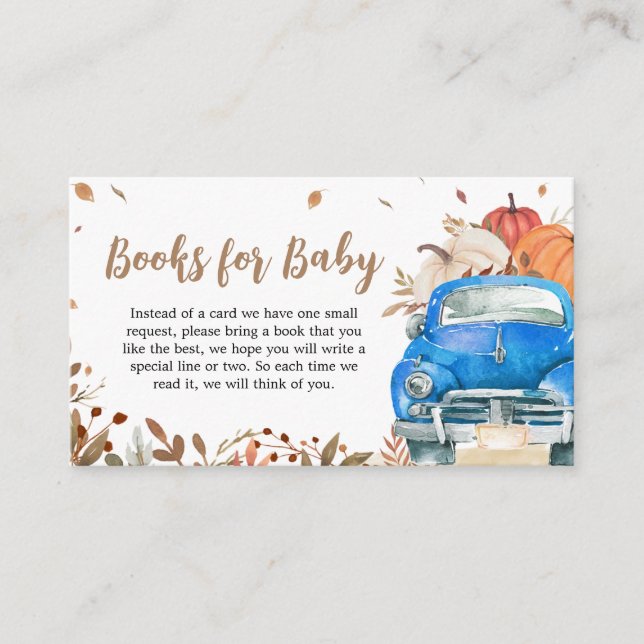 Blue Fall Pumpkin Truck Baby Shower Books for Baby Enclosure Card (Front)