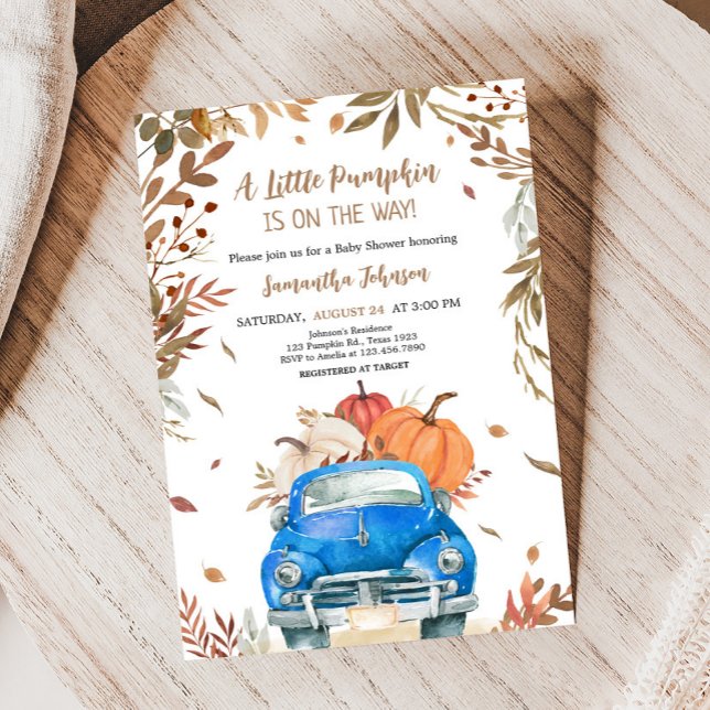 Blue Fall Pumpkin Truck Baby Shower Invitation (Truck Pumpkin Baby Shower Invitation)