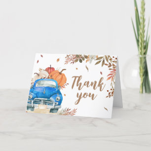 Blue Fall Pumpkin Truck Baby Shower Letterpress Thank You Card