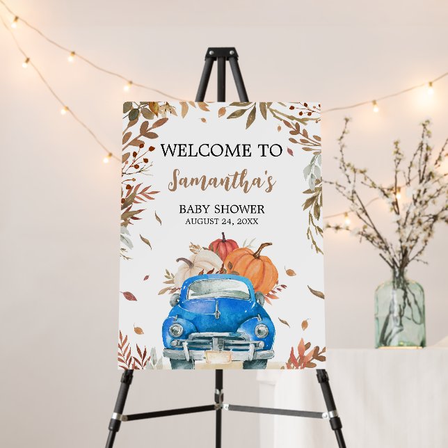Blue Fall Pumpkin Truck Baby Shower Welcome Sign (In Situ (Stand))