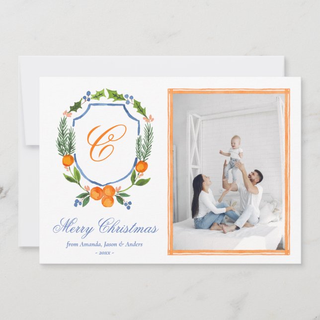 Blue Family Crest Citrus Garland Christmas 2 Photo Holiday Card (Front)