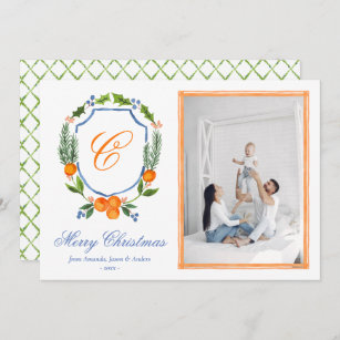 Blue Family Crest Citrus Garland Christmas Photo  Holiday Card