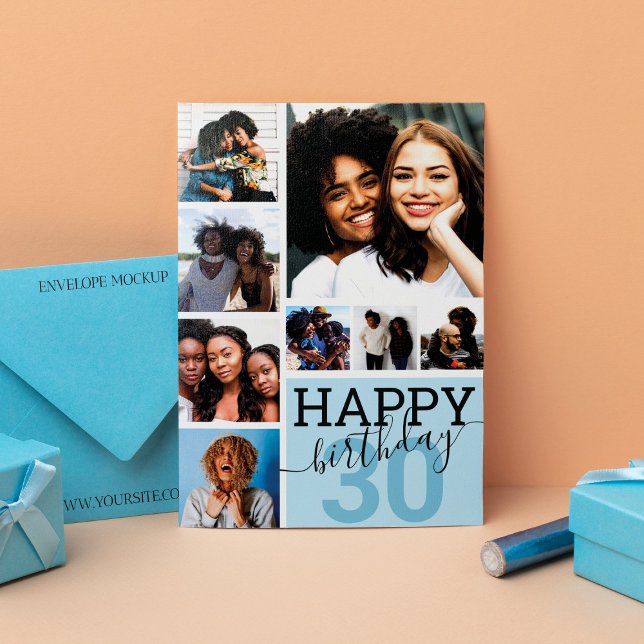 Blue Family Friends Photo Collage Happy Birthday Card (Creator Uploaded)