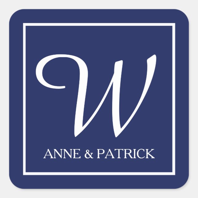 Blue family initial monogram & names, wedding  square sticker (Front)