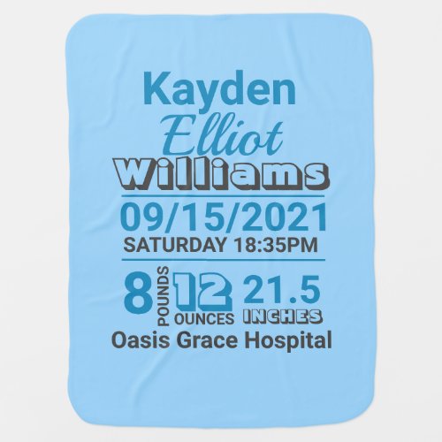 Blue family name baby birth stats announcement baby blanket