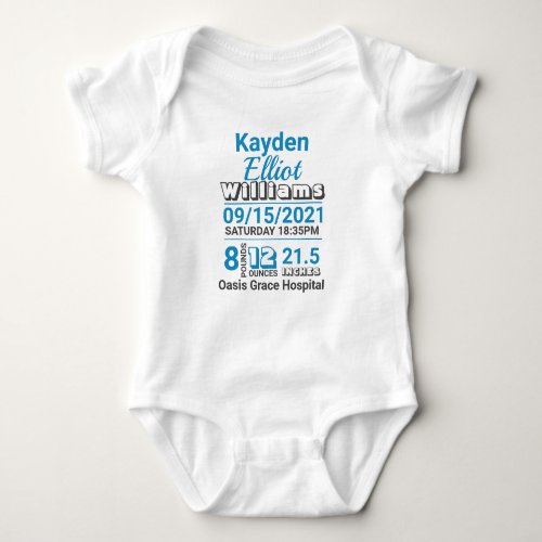Blue family name baby birth stats announcement baby bodysuit
