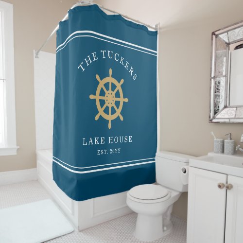 Blue Family Name Lake House Nautical Ships Wheel Shower Curtain