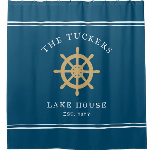 Blue Family Name Lake House Nautical Ship's Wheel Shower Curtain | Zazzle