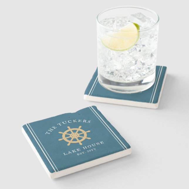 Blue Family Name Lake House Nautical Ship's Wheel Stone Coaster (Side)