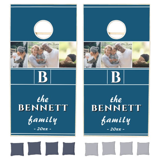 Blue Family Name Monogram 3 Photo Collage Cornhole Set (Set)