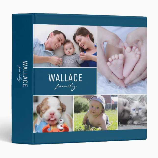 Blue Family Name Photo Collage Album 3 Ring Binder (Front/Spine)