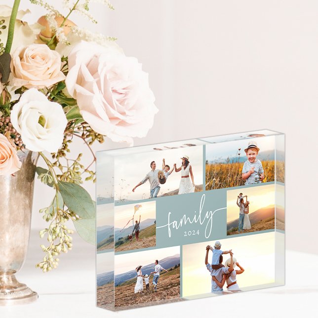 Blue Family Photo Block (Dusty Blue and White Elegant Calligraphy Script Family Photo Collage Photo Block by Simply Said)