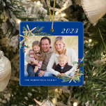 Blue Family Photo Christmas Beach Starfish  Ceramic Ornament<br><div class="desc">This beach inspired Christmas ornament with blue background and white text makes a great annual holiday keepsake, easily customized for a unique gift with the photo and text templates. Holiday watercolor sprigs of holly, pine, and starfish in two corners frame the photo on both sides. Please contact me through Zazzle...</div>