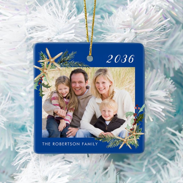 Blue Family Photo Christmas Beach Starfish  Ceramic Ornament (Creator Uploaded)