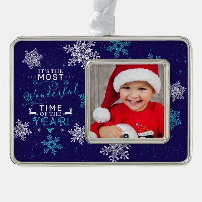 Blue Family Photo Christmas Most Wonderful Time Ornament (Front)
